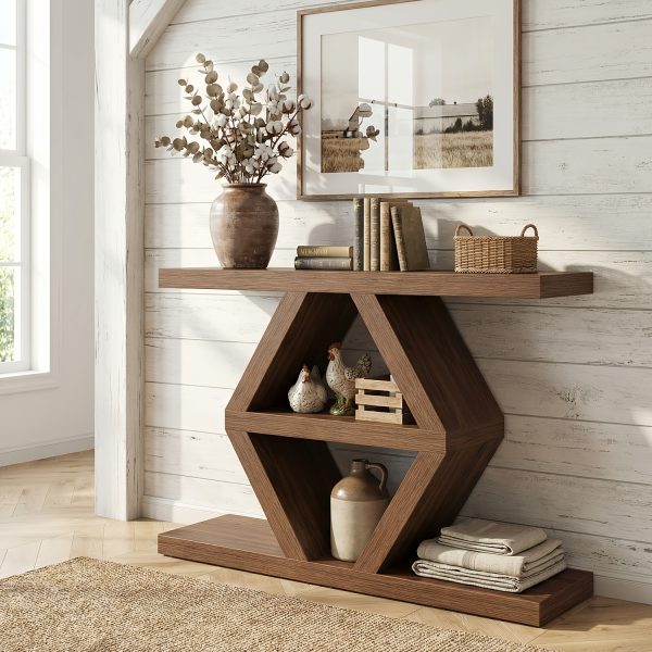 product-fancy-0542f385-86c5-4ec9-8ac9-510a0b673e8c 3 Tier Farmhouse Console Table for Entryway, Wooden Sofa Table Behind Couch with Storage Shelves, 39.4 Inch Narrow Rectangular Hallway Table, Rustic Foyer Table for Living Room Decor, Walnut End