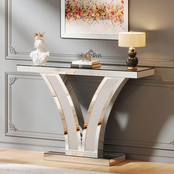 product-fancy-054a7ced-e262-422d-8516-4d4f44681378 Mirrored Console Table, Modern Sliver Entryway Sofa Table With Crystal Inlay Frames For Living Room, Hallway, Foyer