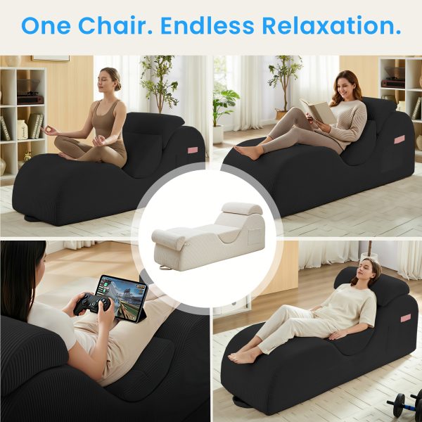 product-fancy-05b39d96-72b6-4dd4-876b-f9e2019b732a Striped Adult Yoga Chair, Indoor Toilet Chair with Side Pockets, Headrest, Lumbar Cushion, Movable Footrest, Curved Yoga Sofa for Relaxing And Stretching in Bedroom, Black