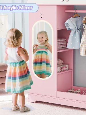 Kids Armoire with Jewelry Cabinet, Kids Dress Up Storage wth Shelves, Girls Wardrode Costume Organizer with Mirror, Children Closet with Armoire for Bedroom, Kids Room, Girls, Kids Room Furniture, Bedroom Storage, Stylish Kids Wardrobe, Playful Design, Hardwood Construction, Quality Wood Finish, Shelved Wardrobe, Parents Organizing, Childrens Clothing