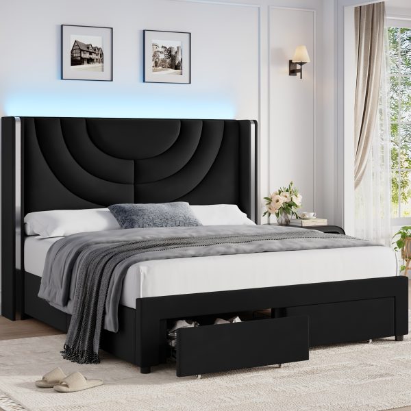 product-fancy-05d4fb9d-e920-424f-80af-f6114e3c256d FULTRU Upholstered LED Bed Frame in Full, Queen, Or King Size with Two Storage Drawers, Velvet Platform Bed Featuring a Wingback Headboard, Sturdy Wooden Slats for Support, No Need for a Box Spring, Headboard with a Splicing Design