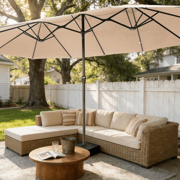 product-fancy-05e28268-a9dc-435b-8af0-f63efa43c653 15-foot Long Rectangular Large Outdoor Patio Umbrella, Includes Base, Double Table Umbrella With A Crank Handle, Market Umbrella - UV Resistant, Heavy-duty Pool Umbrella, Suitable For Lawns, Backyards, And Gardens.