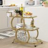 Golden Bar Carts with 3-Tier Shelves, Rolling Bar Carts on Wheels, Kitchen Serving Cart for Dining Room, Glass Bar Carts for Home Use, Round Bar Carts, Wine Carts