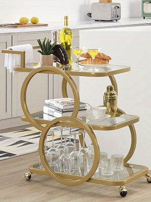 Golden Bar Carts with 3-Tier Shelves, Rolling Bar Carts on Wheels, Kitchen Serving Cart for Dining Room, Glass Bar Carts for Home Use, Round Bar Carts, Wine Carts