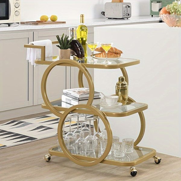Golden Bar Carts with 3-Tier Shelves, Rolling Bar Carts on Wheels, Kitchen Serving Cart for Dining Room, Glass Bar Carts for Home Use, Round Bar Carts, Wine Carts