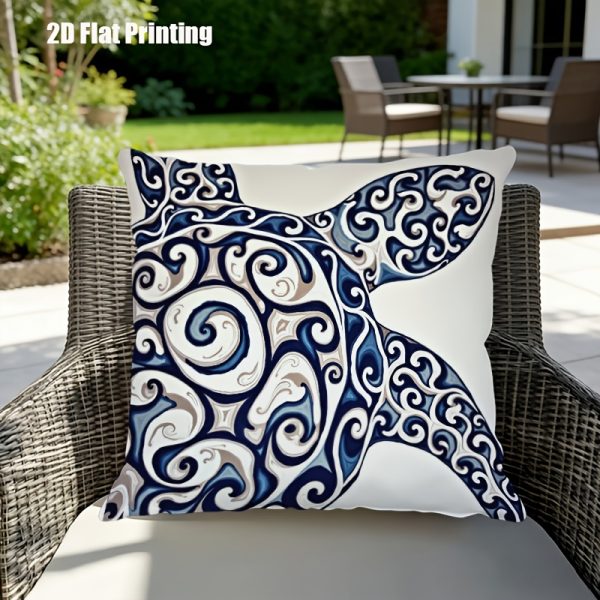 product-fancy-060ff860-7efb-47a5-a53c-ecb447e71ee7 1pc Turtle Print Cushion Cover Suitable for Outdoor Indoor Use, 18x18 Inch Square Pillow Case with Zipper Closure, Blue White Gray Marine-Themed Decorative Cover for Garden Sofa Bed, Machine Washable Turtle Shell, 2D Flat