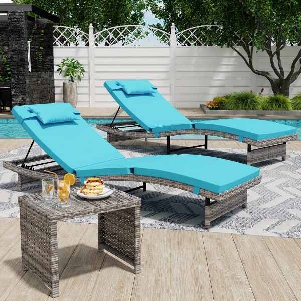 product-fancy-0645873a-0c9c-413e-96db-8c68ed11bc37 Lounge Chair Set, 3pcs Outdoor Modern Patio Furniture Lounge Chairs Set of 2 with Adjustable Backrest And Side Table, Durable PE Wicker, Weather Resistant Cushions, Blue