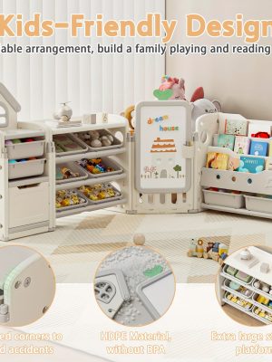 A Versatile Storage Solution for Featuring 10 Detachable Bins And a 3-Tier Bookshelf, Serving As a Multifunctional Organizer with a Drawing Board, Perfect for a Bedroom, Playroom, Or Living Area