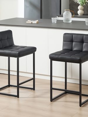 DMKAI Set Of 2 Modern Counter Height Bar Stools - Black Faux Leather Upholstered, Diamond-Tufted Seat, Sturdy Black Metal Cantilever Base with Footrest | Minimalist Bar Stools for Kitchen Island