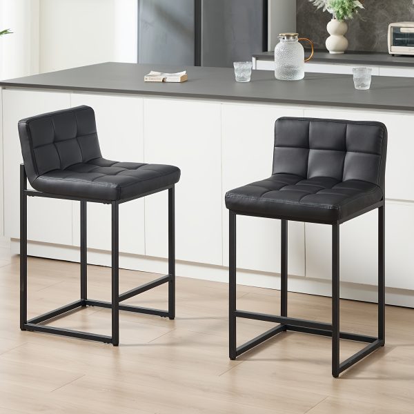 product-fancy-077316ea-cb4f-478a-b175-5ebc1f778121 DMKAI Set Of 2 Modern Counter Height Bar Stools - Black Faux Leather Upholstered, Diamond-Tufted Seat, Sturdy Black Metal Cantilever Base with Footrest | Minimalist Bar Stools for Kitchen Island