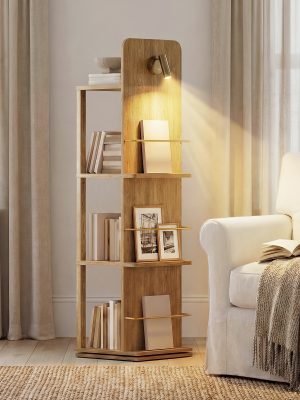 4-Tier Rotating Bookshelf Tower with 360° Spinning Shelves - Natural Oak Wood Freestanding Bookcase Suitable for Small Spaces, Space-Saving Rolling Shelf for Home Office, Living Room, Assembly, Modern Square Bookcase for Books & Decor