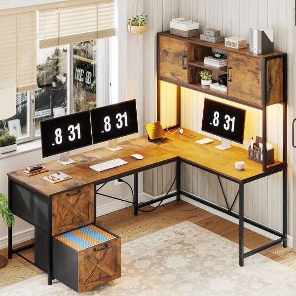 product-fancy-07c42e9d-97b3-41b8-896b-2675f08dbd51 L-shaped Desk with Drawers, 62.2-inch Home Office Desk Featuring Fabric File Drawers and Power Outlets, L-shaped Desk with Storage Cabinet, Storage Shelf, LED Light