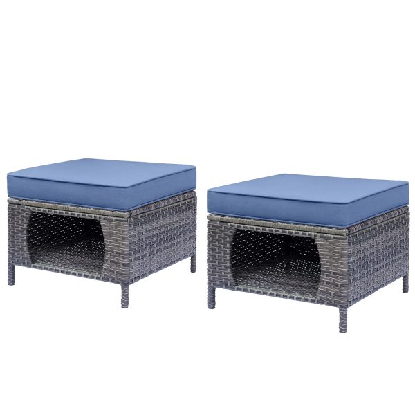 2pcs Royal Craft Outdoor Patio Furniture Set | Hand-Woven Pe Rattan Ottomans With 3.15 Inch Thick Cushions, All-Weather Material, Movable Cushions, Multifunctional Use, Gray Wicker With Beige/Denim Blue Cushions