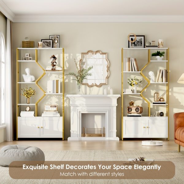 product-fancy-082e00ba-3349-4737-a0e9-d64be4f107bc 76'' Tall Industrial Bookshelf with Doors, Display Large Bookcase With Storage and Organization Cabinet, Unique Geometric Metal Frame Design, Sturdy Wooden Shelves, Organizer for Library, Living Room, Bedroom, Office, White and Golden/Brown and Black