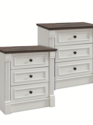 26 Inch High Farmhouse Bedside Table Set of 2, 3 Drawer Side Table with Charging Station, 23.6 Inch Wide Side Table with Roman Posts, Wooden Country Style Bedside Table for Bedroom, Living Room
