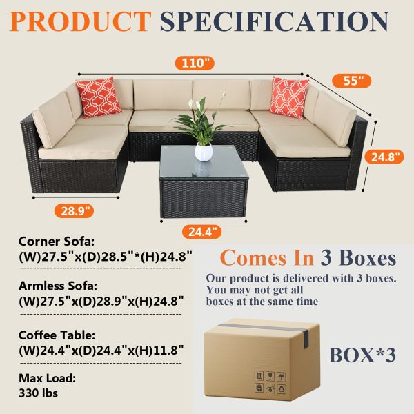 product-fancy-086bb335-dbb6-4fee-b9e4-0fba1184e6b2 Outdoor Patio Furniture Set, 7pcs Wicker Sectional Sofa And Coffee Table, Plush Cushions With 2 Soft Pillows, Rattan Patio Set For Porch, Garden, Or Backyard (Beige/Blue) - Patio Furniture Outdoor
