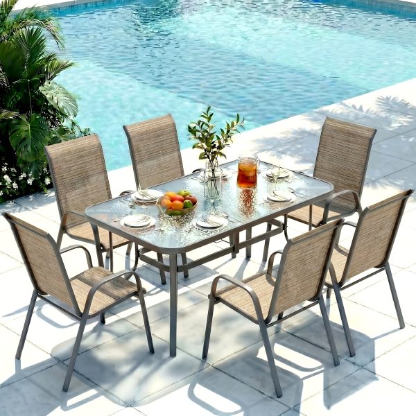 7pcs Outdoor Table And Chairs for 6, Outdoor Dining Set W/Rectangle Glass Table And 6 Patio Textilene Stackable Chairs, Patio Furniture Set W/Umbrella Hole, Umbrella Not Included