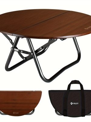 VILLEY Bamboo Round Folding Table, Camping Half-Fold Portable Table with Carrying Bag for Indoor And Outdoor Picnic Coffee Barbecue Beach Card Game