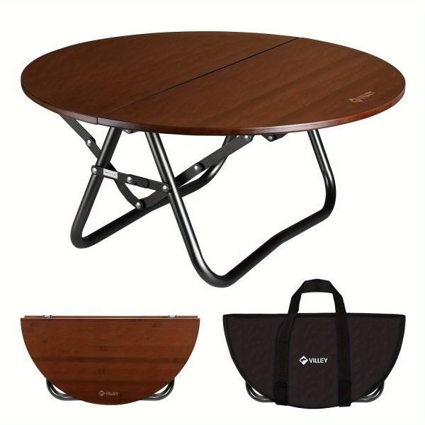VILLEY Bamboo Round Folding Table, Camping Half-Fold Portable Table with Carrying Bag for Indoor And Outdoor Picnic Coffee Barbecue Beach Card Game
