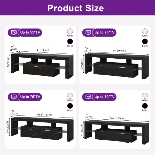 product-fancy-08a08d26-f3ff-407b-8686-ea4e99bce3ca 71" High Gloss LED TV Stand for 55/65/75/80 Inch TVs, Gaming Entertainment Center with Cabinet for PS5, Modern Media Console TV Stand with LED Lights, Wood Television Stand with Storage for Living Room, Game Room, Bedroom, White/Black