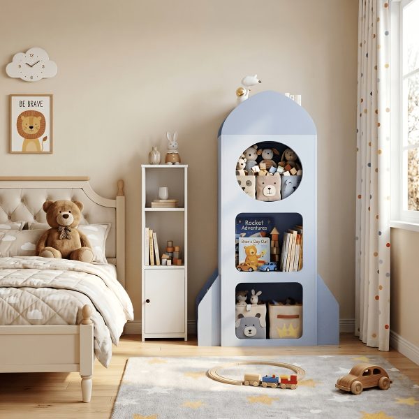 product-fancy-08f3c186-37cd-43ee-89db-c58b367ba59d 3-Tier Kids Bookshelf And Storage, Rocket Space Theme Cabinet with Side Shelves, Open Kids Bookcase, Display Organizer for Playroom, Kindergarten, School