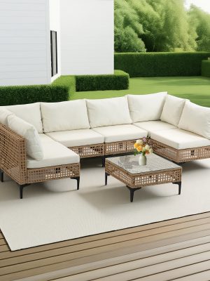 WENTUM 7pcs Outdoor Sectional Sofa Set, Boho Wicker Rattan Patio Furniture with Cushions And Table for Patio, Lawn, Backyard, Porch