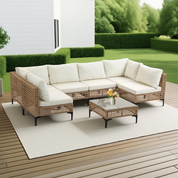 WENTUM 7pcs Outdoor Sectional Sofa Set, Boho Wicker Rattan Patio Furniture with Cushions And Table for Patio, Lawn, Backyard, Porch