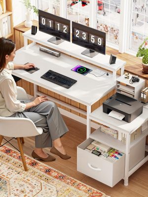 Enhomee 57" Computer Desk with Drawers And Printer Space, Office Desk with Power Outlets, Home Office Desks with File Drawers Cabinet, Study Writing And Gaming Desk with Shelves Monitor Stand