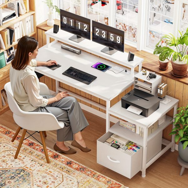product-fancy-0983936a-f687-47f4-afcd-78e88f20ec8e Enhomee 57" Computer Desk with Drawers And Printer Space, Office Desk with Power Outlets, Home Office Desks with File Drawers Cabinet, Study Writing And Gaming Desk with Shelves Monitor Stand