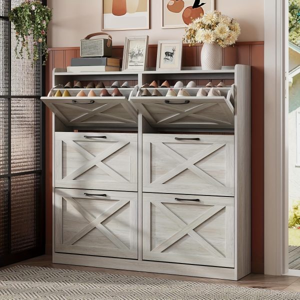 product-fancy-0a30ee64-17a4-4561-9cae-19297af9310a Washed Gray Shoe Storage Cabinet with 6 Flip Drawers | Narrow Freestanding Shoe Cabinet and Shoe Storage Organizer with Metal Handles for Entryway, Large Shoe Rack Organizer, Modern Farmhouse Style, Ideal for Shoe Racks, Made of Particle Board