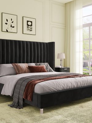 PaPaJet Bed Frame with Vertical Channel Upholstered Tufted Velvet Wingback Headboard, Platform Bed, No Box Spring Needed, Easy Assembly