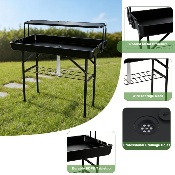 product-fancy-0ab091a2-1d19-45f4-9d80-4665d614d916 Double-Layer Cooler Table with Drain And Storage Rack, Portable Folding Ice Cooler Table with Matching Skirt for Picnic, Party, Outdoor Events, Camping, Wedding, 40.5 X 39.3 X 22.04 Inches