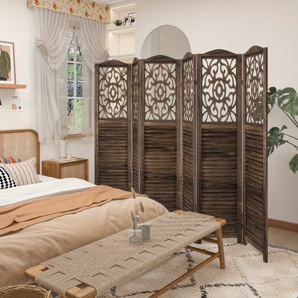 product-fancy-0aba12da-8cd5-4cbf-9367-07733b3d8fc1 4/6 Panel Room Divider, 5.58 FT Folding Privacy Screen Room Separation, Freestanding Partition for Home Office Garden, Wood Carved Portable Room Divider Panel, Antique White/Rustic Brown