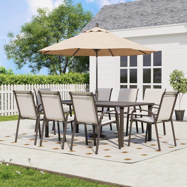 9pcs Outdoor Dining Table And Chair Set, Suitable for 8 People, The Set Includes 1 Long Table, 8 Fixed Seats, Suitable for Outdoor Garden Terrace Furniture Set