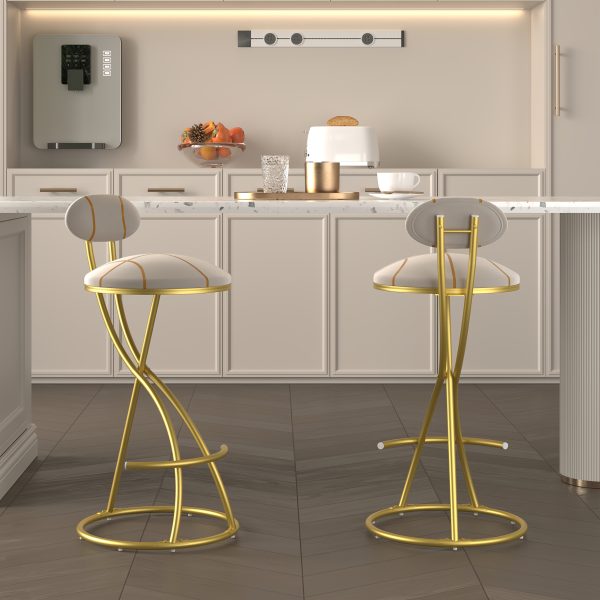 product-fancy-0af00a0b-27b9-4fd9-b4f2-8a51c40bbd3f Pair of Contemporary Velvet Bar Stools with Counter Height, Featuring a Golden Metal Frame And S-Shaped Stripe Backrest, Upholstered Round Chairs Inspired by Basketball And Soccer, Complete with Footrest for Dining Areas, Kitchens, And Bars