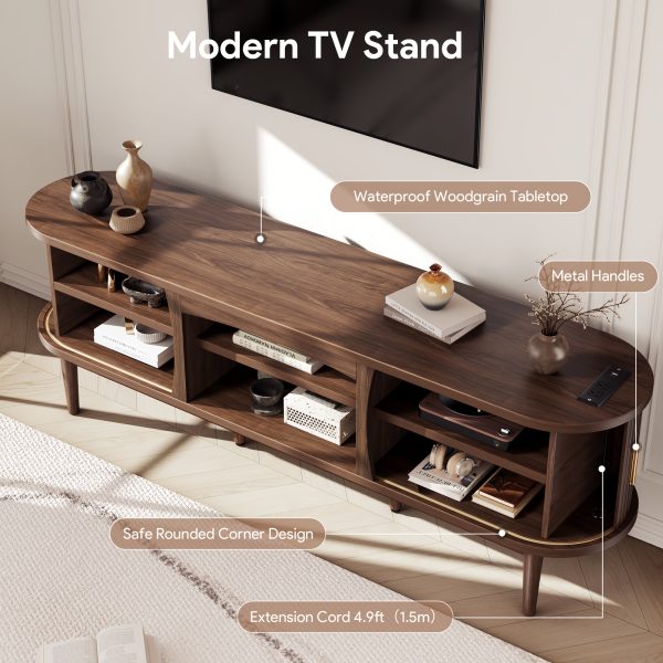 product-fancy-0b141998-fd06-4dcd-bd75-1f1569b5be71 68 Inch Mid-Century TV Stand for TVs Up to 70 Inch, Entertainment Center with Storage, Power Outlet, Recessed Sliding Doors & Adjustable Shelves, Modern Media Console for Living Room, Housewarming Gift