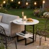 [Outdoor Round Side Table] Outdoor Round Side Table With Double-Layer Storage Shelf, MarbleTexture Imitation Stone Courtyard End Table, Sturdy Black Metal Frame, Weather-Resistant Side Table Is Suitable For Balcony Coffee Corner, Small Space Courtyard/Terrace/Balcony Furnitur