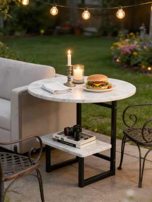 [Outdoor Round Side Table] Outdoor Round Side Table With Double-Layer Storage Shelf, MarbleTexture Imitation Stone Courtyard End Table, Sturdy Black Metal Frame, Weather-Resistant Side Table Is Suitable For Balcony Coffee Corner, Small Space Courtyard/Terrace/Balcony Furnitur
