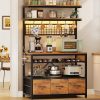 [Baker's Rack Outlet] Baker's Rack with Power Outlet, 6-Tier Microwave Rack with 3 Drawers, Wine Rack, LED Light And 10 Hooks, Kitchen Baker's Rack, Coffee Bar with Storage, Rustic Brown/Black/White