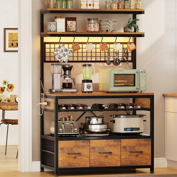 [Baker's Rack Outlet] Baker's Rack with Power Outlet, 6-Tier Microwave Rack with 3 Drawers, Wine Rack, LED Light And 10 Hooks, Kitchen Baker's Rack, Coffee Bar with Storage, Rustic Brown/Black/White