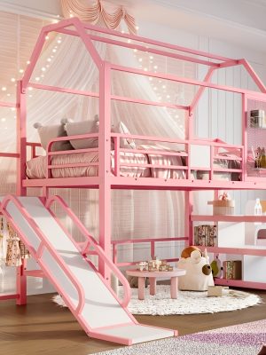BELLEMAVE 2-1 Twin Loft Bed with Slide And Stairs, Metal Playhouse Bed with Storage Shelves, House-shaped Loft Bed And Noise-free Design, Pink