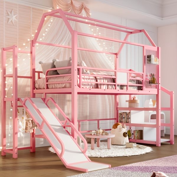 product-fancy-0c3b0f5b-90da-4fe2-956e-243a2dcf39e8 BELLEMAVE 2-1 Twin Loft Bed with Slide And Stairs, Metal Playhouse Bed with Storage Shelves, House-shaped Loft Bed And Noise-free Design, Pink