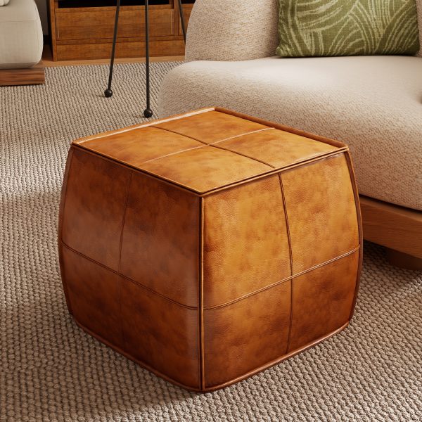 Leather Ottoman, Handmade Stuffed Square Ottoman, Genuine Leather Pouf, Foot Rest Pouf, Comfortable Soft Seating for Living Room& Bedroom(Brown, Black, Grey, Square)