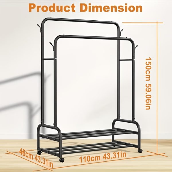 product-fancy-0c9435ce-95dc-439f-838b-0a3c9b058422 Sturdy Metal Double-Rail Garment Rack with Wheels -Portable Clothing Rack with Shelves And Hooks -Heavy-Duty Clothes Hanger Stand- Multifunctional Bedroom Closet Organizer -Black