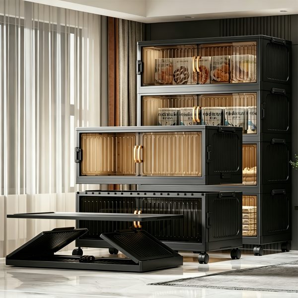 product-fancy-0d8cc42d-f5b1-4ae1-94d1-cd2e3b970a84 No Assembly 2/3/4/5 Tier Foldable Stackable Storage Cabinet, 44.29 Inch Large Capacity Modular Organizer Box with Lid, Rolling Wheels & Magnetic Double Door, Space Saving Portable Multi-Layer Storage Unit, Easy Setup Household Storage Container