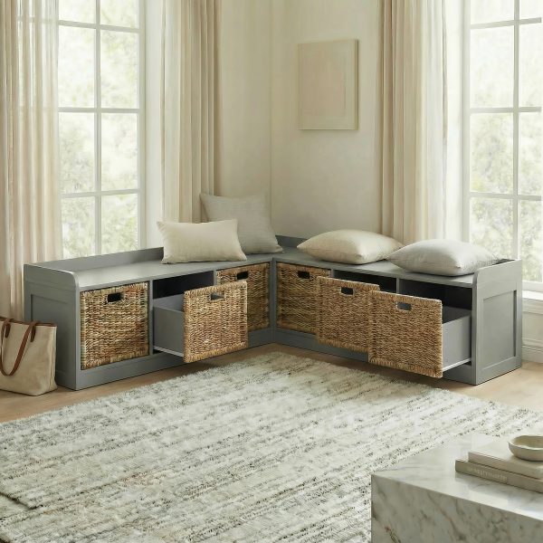 Modern L-Shaped Shoe Cabinet with 6 Rattan Drawers, Multi-Functional Wood Shoe Storage Cabinet with Storage Compartments, for Entryway And Living Room, Modern Design, Gray