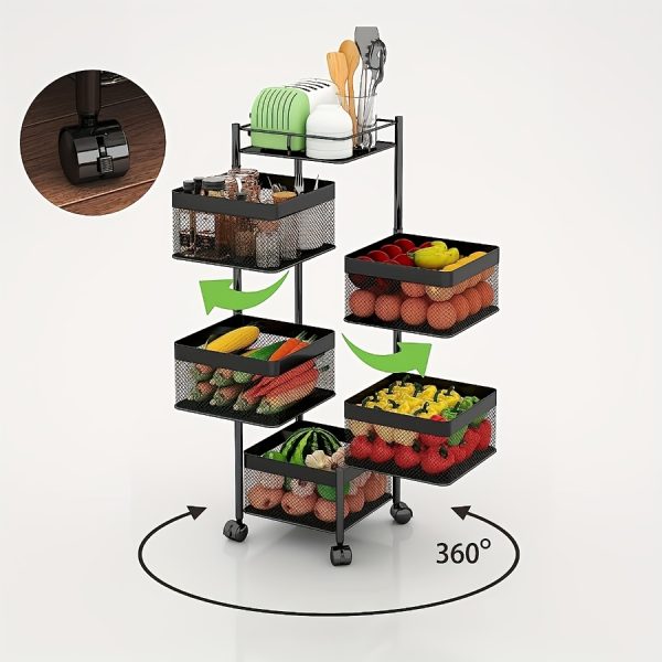 product-fancy-0dc45ad1-5336-4b1f-9572-390fc545f16a Rotating Kitchen Storage Shelf 5 Tier, Metal Fruit Vegetable Storage Basket Multi-Layer Vegetable Rack Storage Trolley on Wheels, Floor-Standing Basket for Kitchen Bathroom, Square