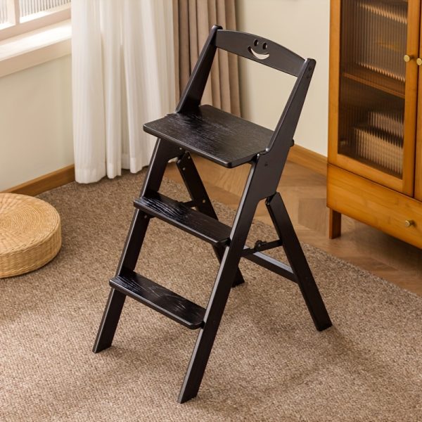 1pc Black All-Bamboo Bar Stool, Bar Counter Dining High Stool with Backrest, Folding Chair, No Assembly Required, Patio Outdoor Garden Step Stool, Household Three-Step Step Stool, Climbing Ladder, Suitable for Garden/Office/Library/Kitchen/Cafe
