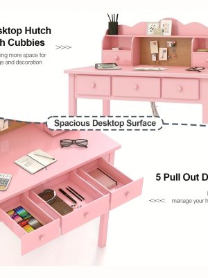 Modern 40-Inch Pink Writing Desk Featuring a Hutch And Five Drawers, Ideal for a for home Office Or As a Compact Vanity in The Bedroom