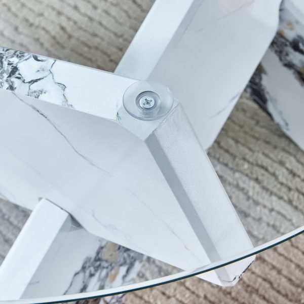 product-fancy-0e110e2d-2fde-4122-915f-0dea2759192a Modern Round Glass Coffee Table 33.4", Clear Tempered Glass Top with White Patterned MDF Legs, Stable Load Bearing 130 Lbs, Unique Contemporary Center Table for Living Room, Dining Room, Apartment, Easy Assembly In 10-15 Minutes.